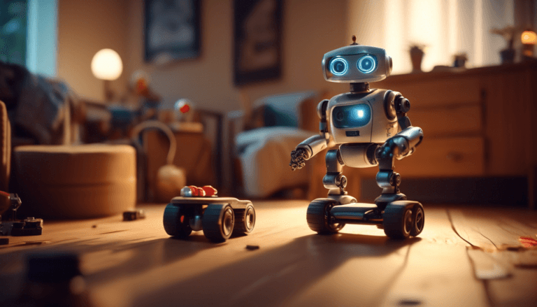 Eilik robot navigating miniature obstacle course with determined expression, skateboard accessory nearby in warm home setting.