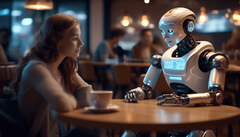 Humanoid robot with digital face conversing in French with student at café, holographic words floating between them in warm lighting