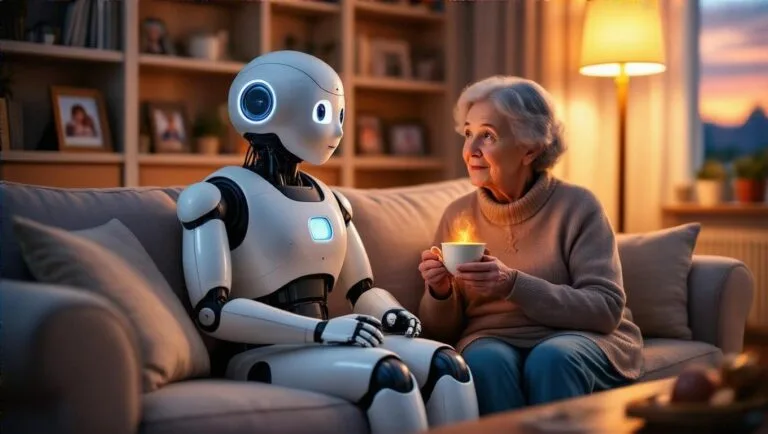 Elderly woman talks with empathetic humanoid robot in cozy, warmly lit living room.