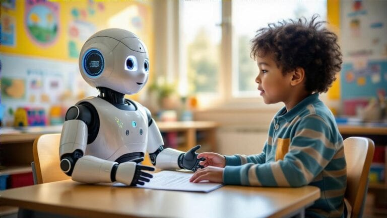 Child reads aloud to listening educational humanoid robot in bright, colorful classroom.