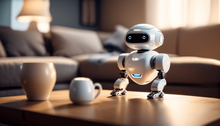 Photorealistic portrait of Vector robot by Anki with digital face on coffee table in warm lighting, displaying personality through animated eyes
