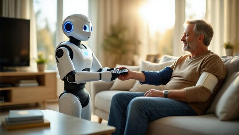 Assistive robot hands TV remote to man with arm sling on couch in sunlit living room