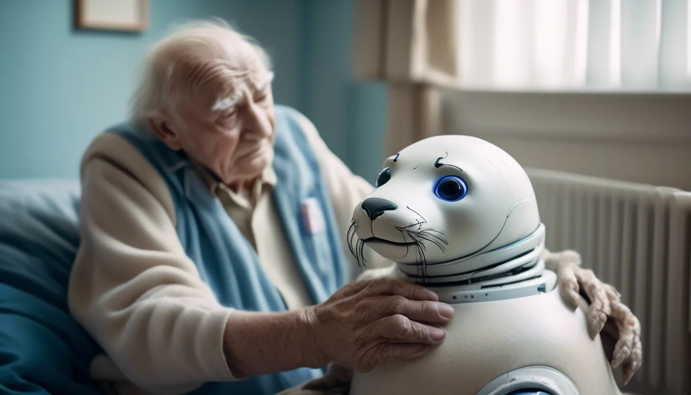 Elderly man cradling therapeutic robotic seal Paro with glowing blue eyes in a nursing home, captured in soft cinematic lighting.
