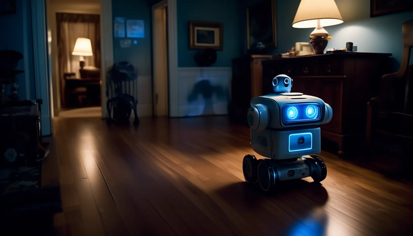 Stevie companion robot patrolling a senior's home at night, its friendly screen face and navigation lights illuminating the darkened space.