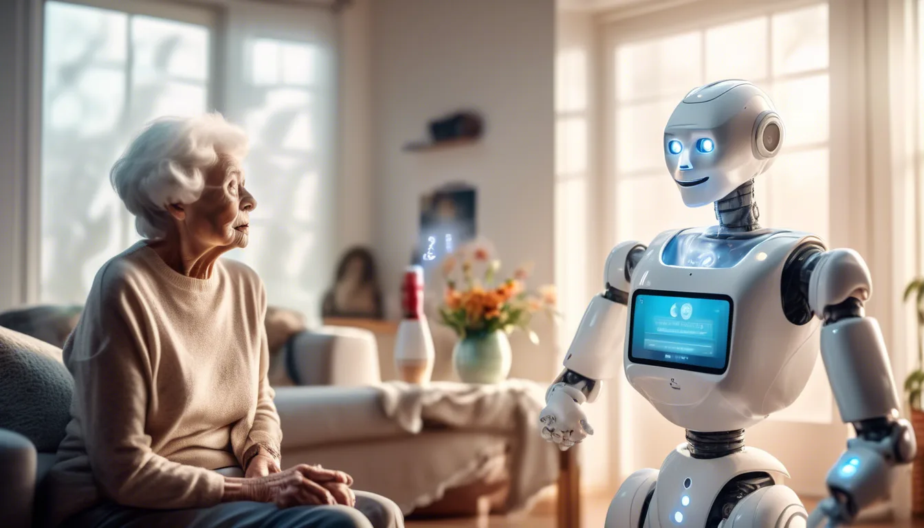 Humanoid robot Pepper assisting elderly couple with medication reminders in a modern smart home filled with morning light.