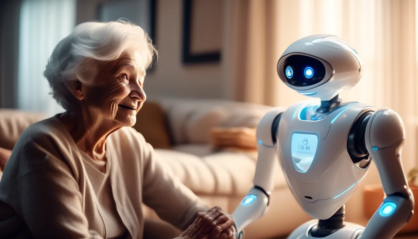 Futuristic ElliQ companion robot with expressive digital eyes interacting with a smiling elderly woman in a sunlit living room.