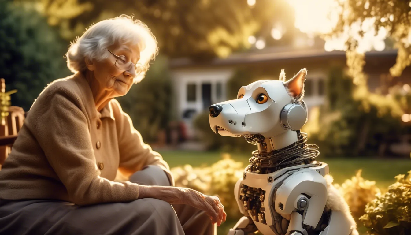 Lifelike robotic dog Mylo sitting beside elderly woman in garden setting, responding to her gentle petting in golden hour sunlight.
