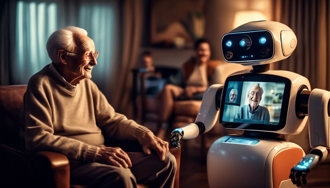 Ohmni telepresence robot displaying video call with family members for elderly man sitting in armchair in his technology-equipped home.