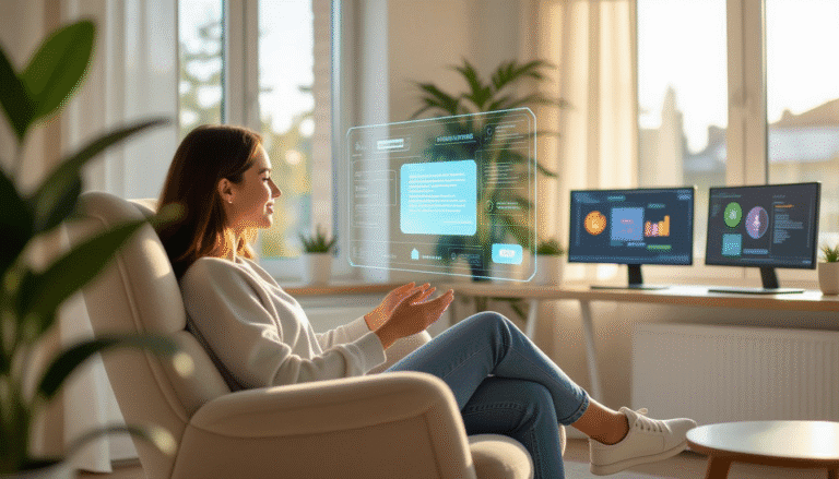 Young woman using holographic interface for language learning in sunny modern study space