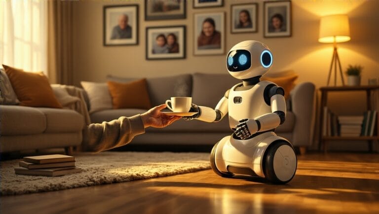Robot hands tea to elderly man in cozy, warmly lit living room with family photos and books.