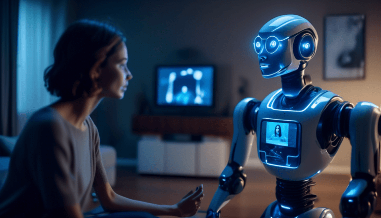 Futuristic companion robot using facial recognition to interact with human, with holographic privacy settings and blue scanning lights in modern living room.