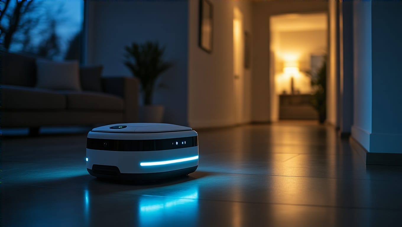 Robot opens smart curtains and adjusts lights to wake teen peacefully in cozy bedroom.