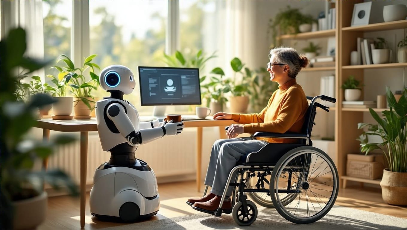 Home robot patrols dark hallways, syncing with smart security hub and motion sensors.