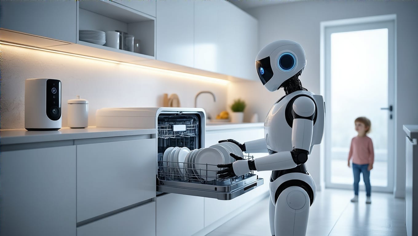Humanoid robot helps elderly woman stand in high-tech, sunlit living room with smart home displays.