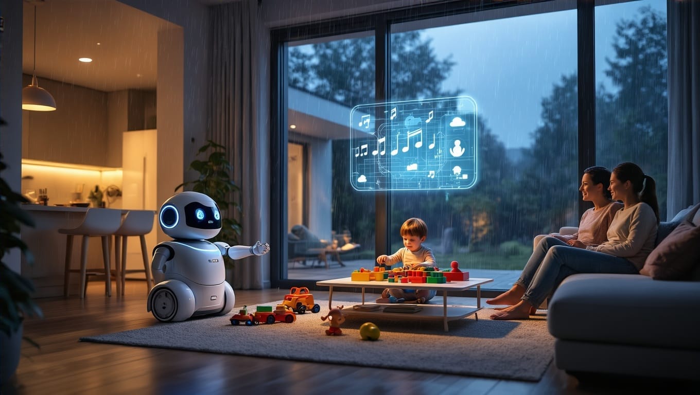 Robot delivers coffee to wheelchair user in plant-filled smart home office.