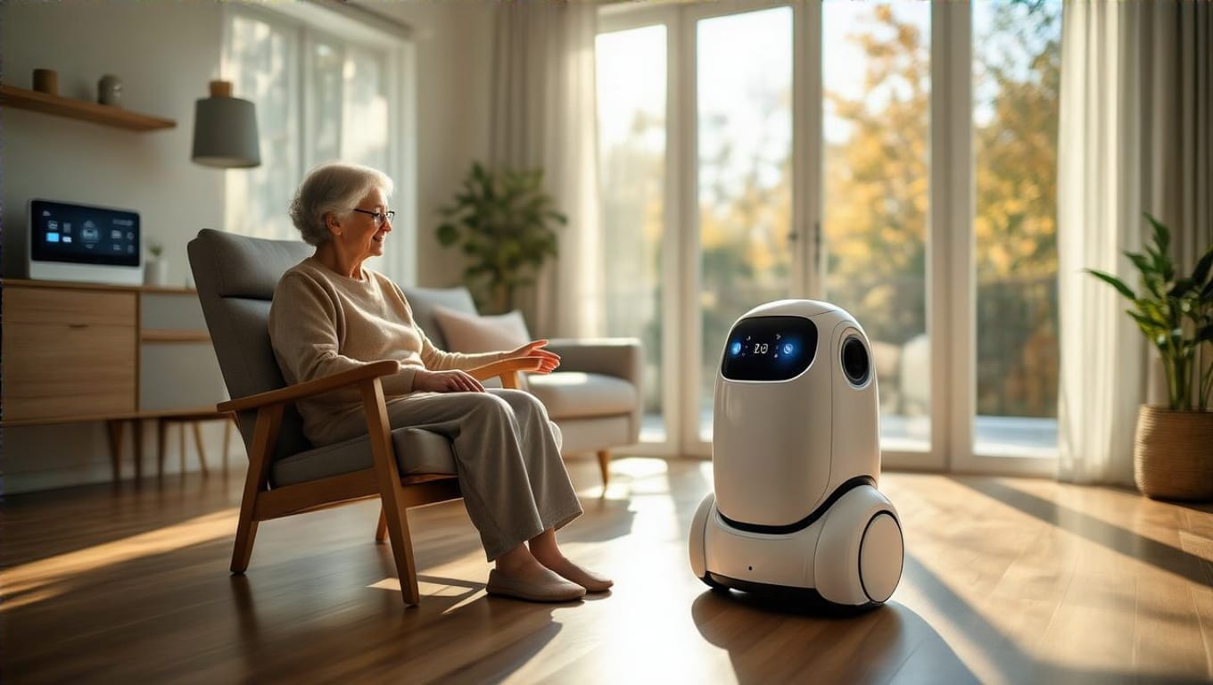 Humanoid robot helps elderly woman stand in high-tech, sunlit living room with smart home displays.
