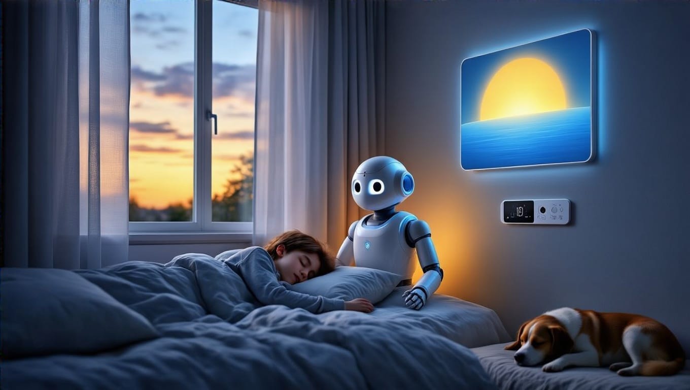 Robot loads dishwasher in bright smart kitchen as child watches from hallway.