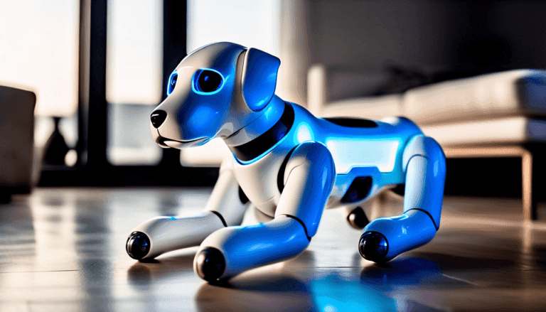 White Aibo robot dog sitting in modern living room with glowing OLED eyes and visible mechanical details under ambient lighting
