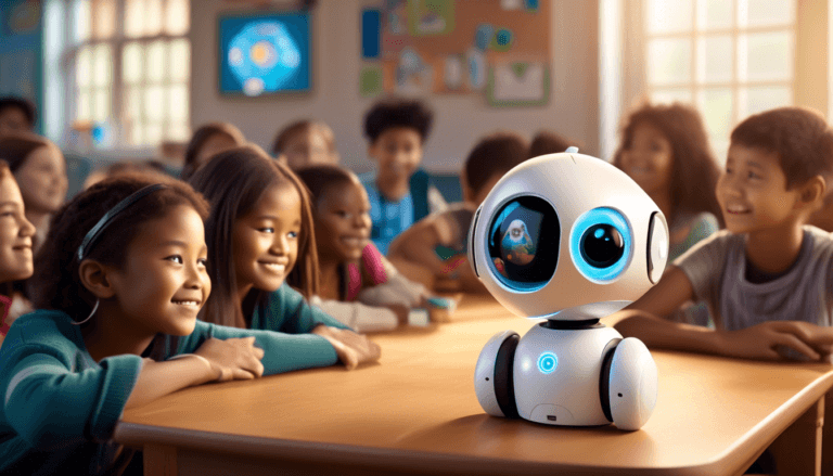 Jibo educational robot interacting with diverse elementary students in a vibrant classroom setting, displaying emotions on its screen while leading a lesson.