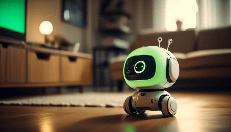 Futuristic Lovot companion robot with expressive eyes playing in a modern Japanese apartment with ambient lighting highlighting its glowing green battery indicator.