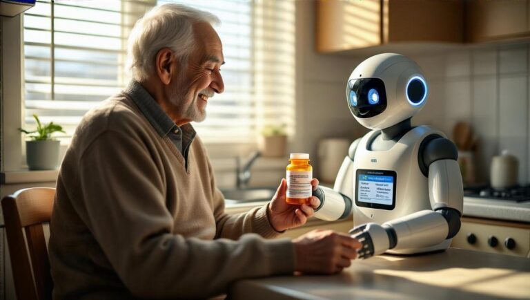 Elderly man and robot reading prescription labels with translated instructions in small urban kitchen.