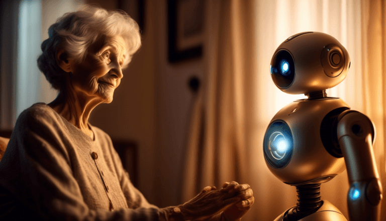 Elderly woman shares intimate moment with Jibo robot in warm-lit living room, showcasing emotional connection between human and companion technology.