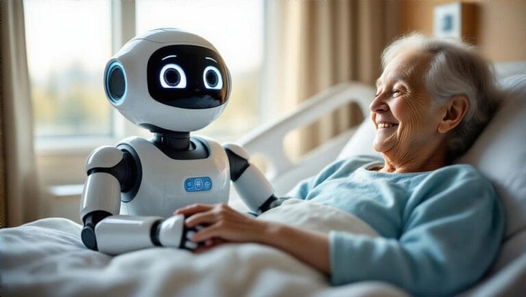 Companion robot holds a senior patient's hand in a warmly lit hospital room.