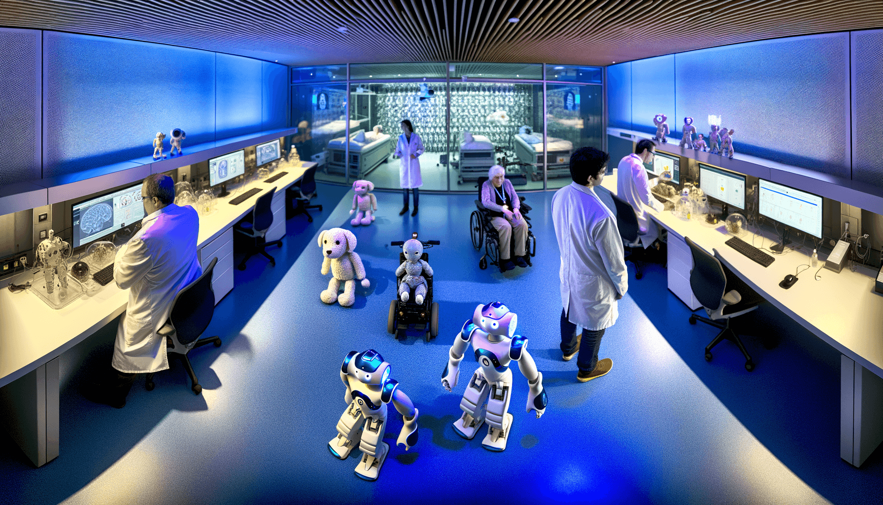 Wide view of dementia care research lab with scientists developing various social robot prototypes while monitoring patient interactions.