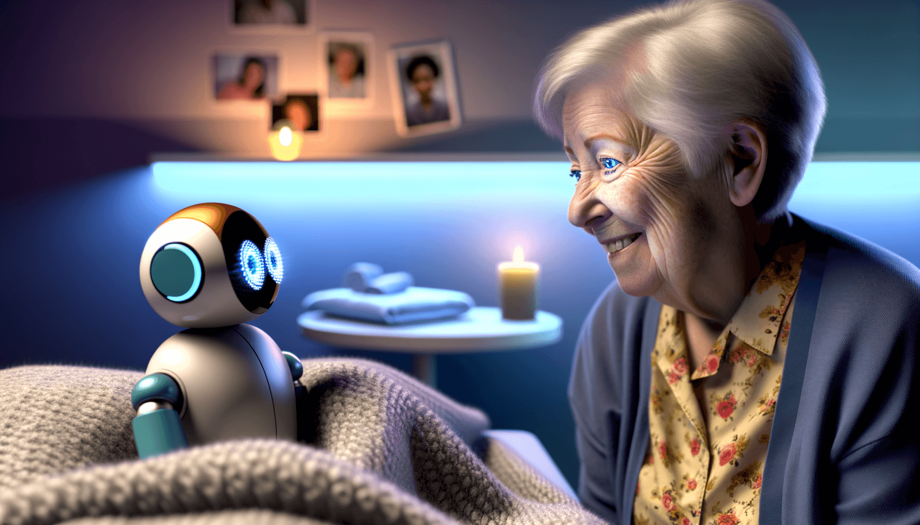 Close-up of woman with dementia experiencing joy while interacting with a small animal-like companion robot in a personalized care setting.