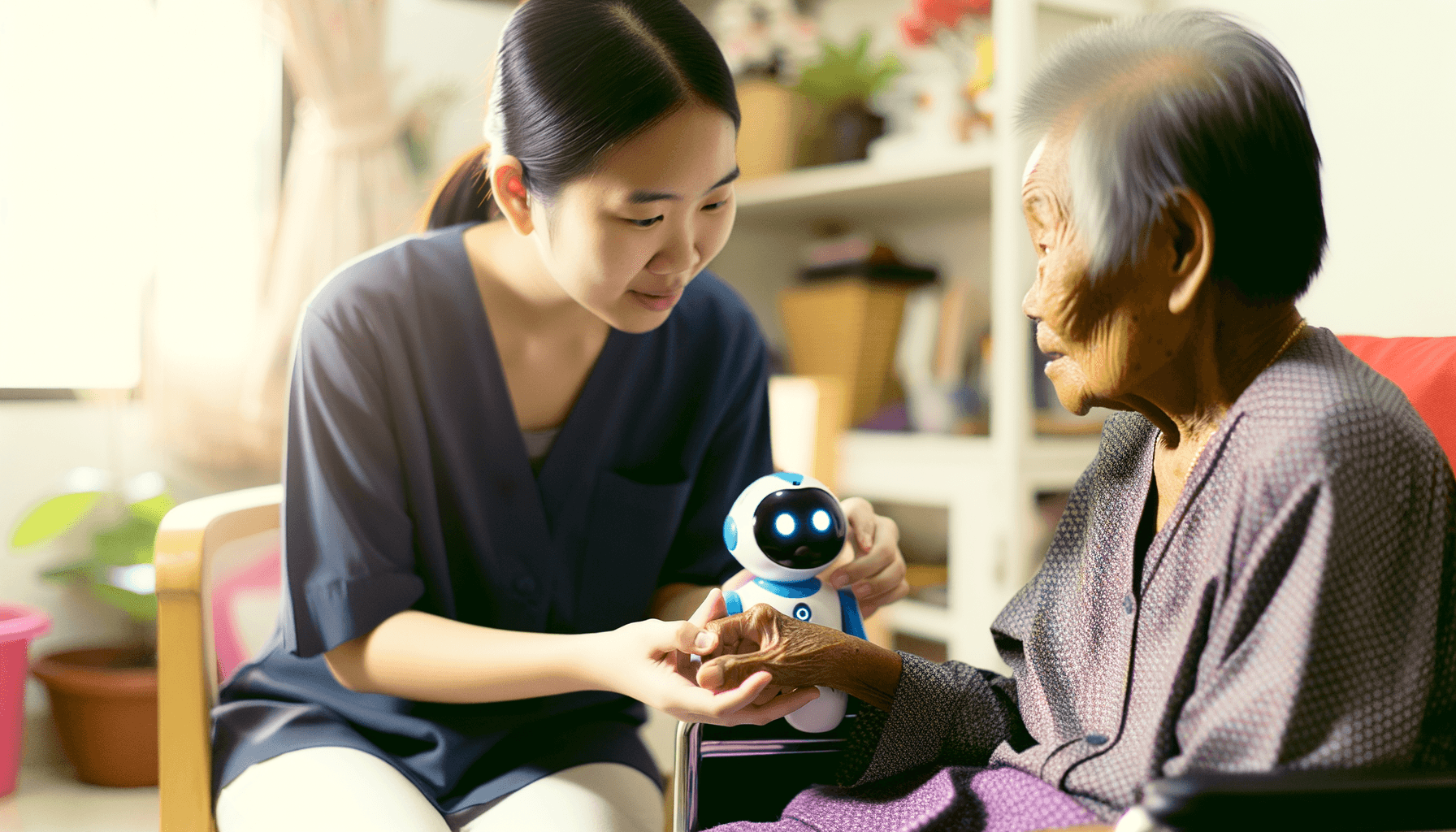 Documentary-style photo of granddaughter helping grandmother with dementia interact with a small social robot in a home environment.