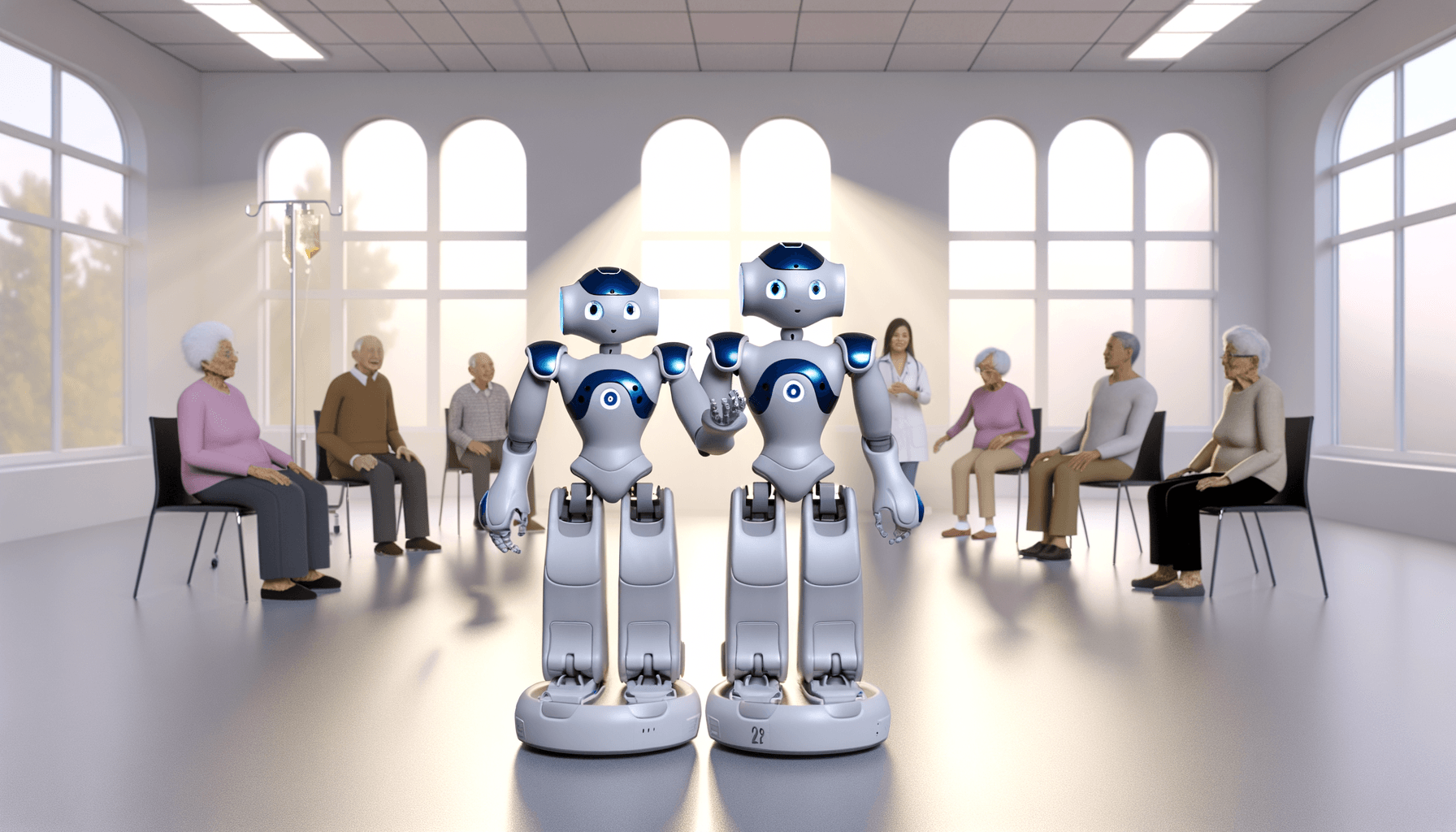 Humanoid NAO robot leading physical cognitive exercises for elderly dementia patients in a futuristic healthcare environment with morning light.