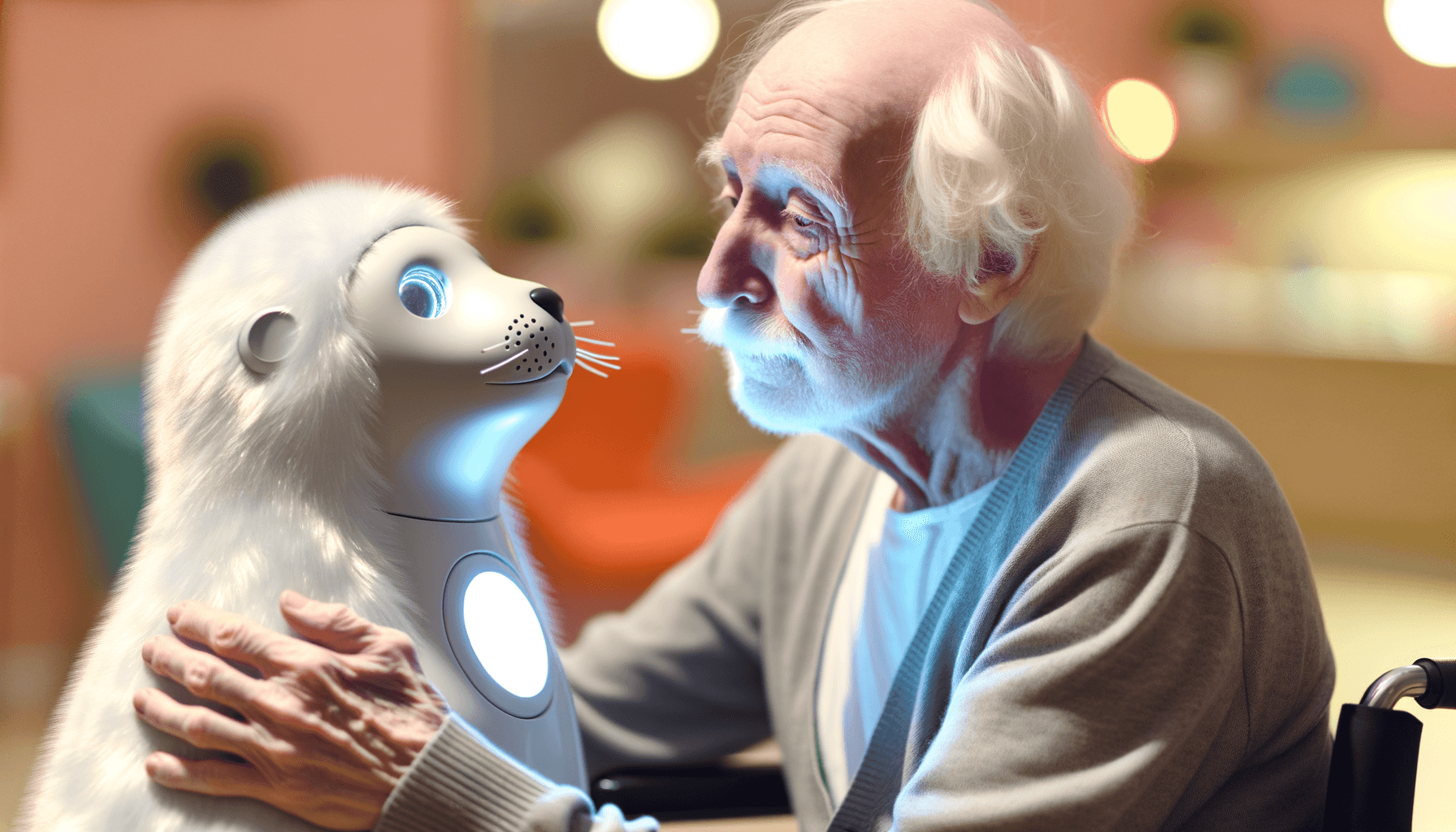 Elderly man with dementia connecting with PARO, a therapeutic seal robot with soft white fur in a care facility setting with warm lighting.