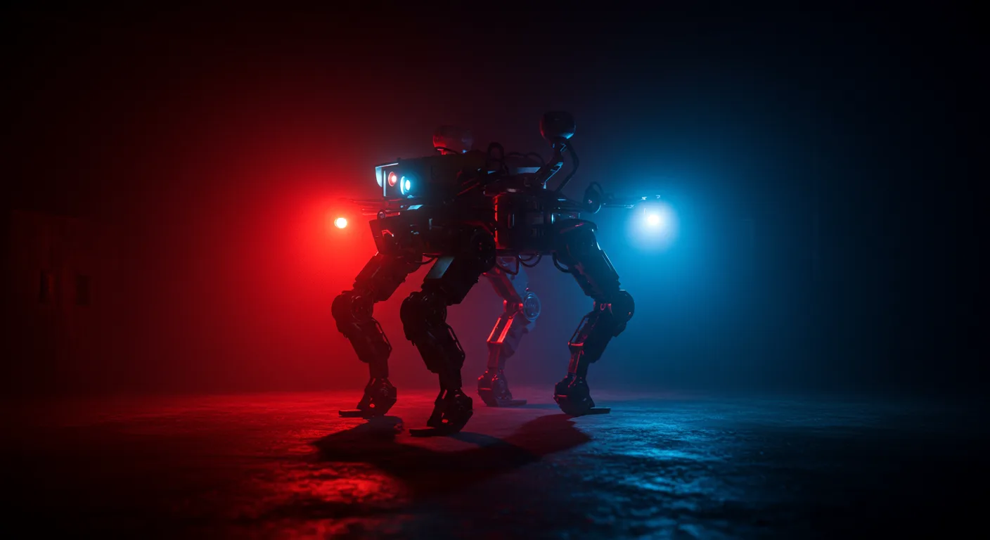 Robot dog patrolling dark warehouse with glowing sensors and surveillance equipment