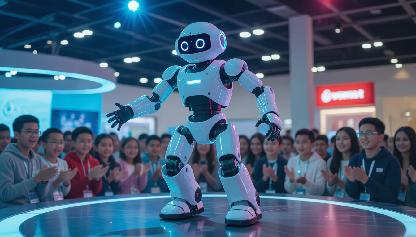 Robotic companion performing acrobatic tricks for children at colorful tech exhibition