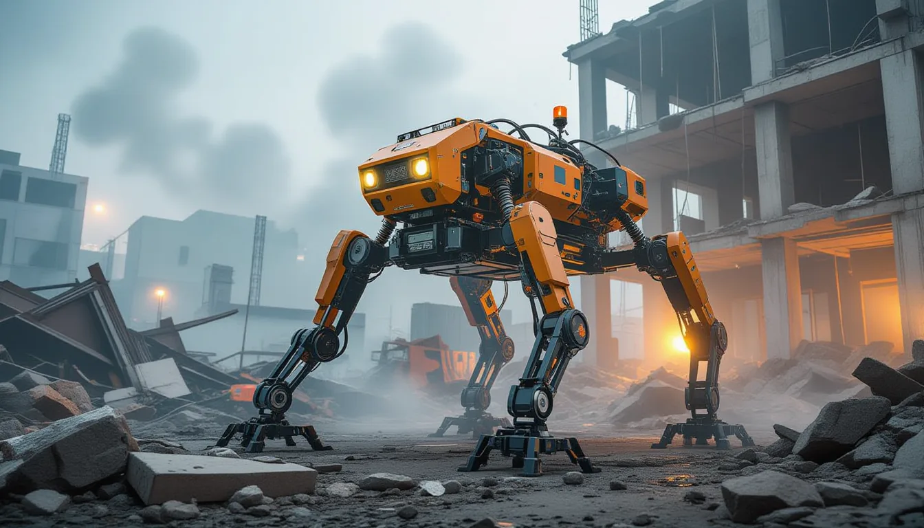 Quadrupedal robot inspecting structural damage in hazardous environment with emergency lighting