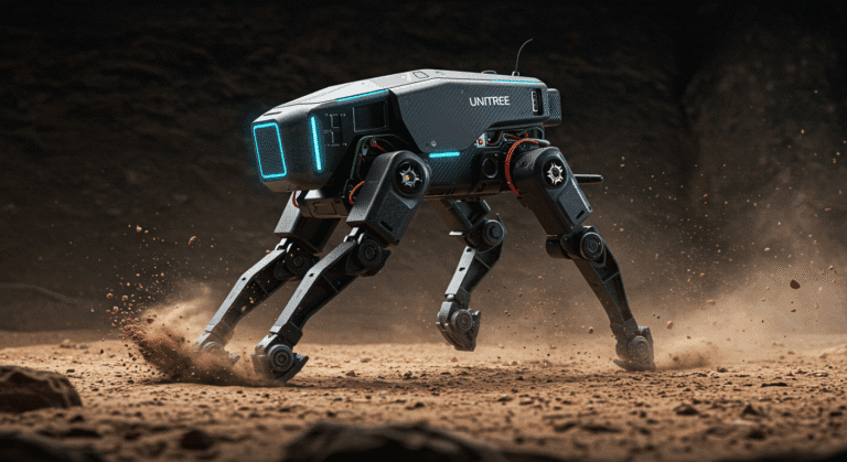 Hyper-realistic photo of Unitree Go1 robot running on rough terrain with dramatic lighting and visible mechanical details