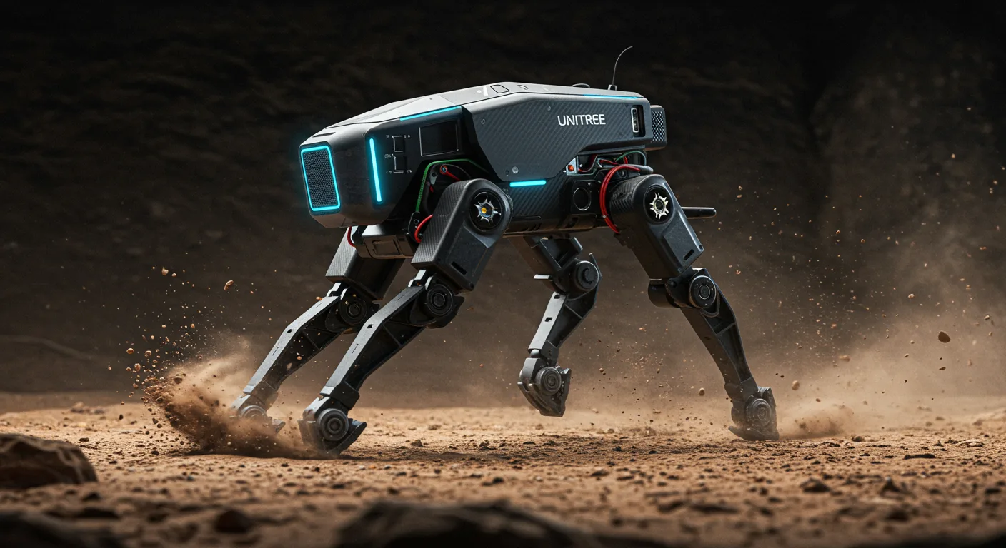 Hyper-realistic photo of Unitree Go1 robot running on rough terrain with dramatic lighting and visible mechanical details