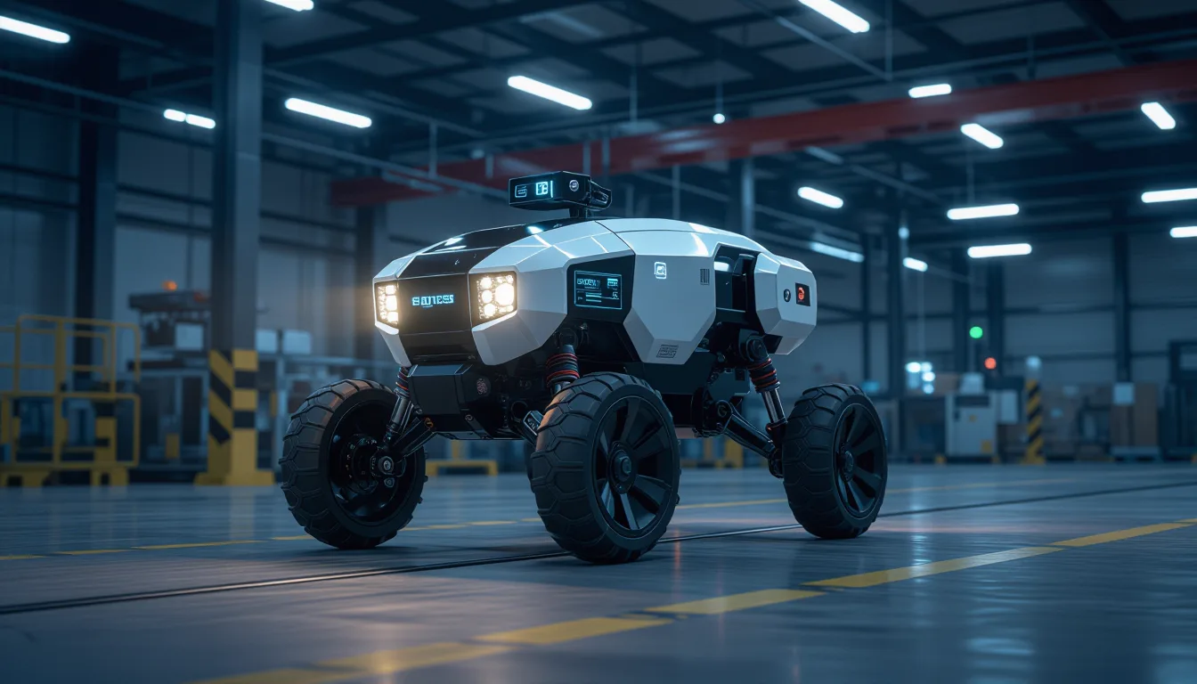 Security robot patrolling dark warehouse with scanning lights and sensors