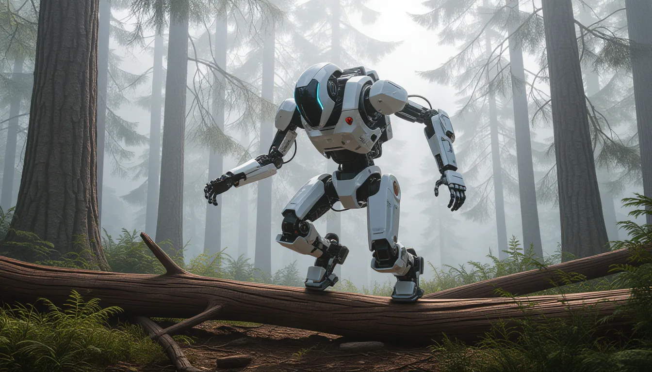 High-tech robotic companion jumping over logs in misty forest setting